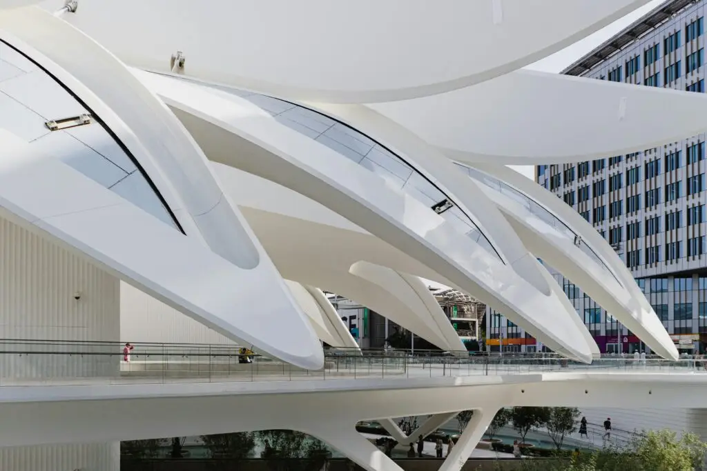 Futuristic architectural design of a pavilion at Expo 2020, showcasing modern aesthetics.